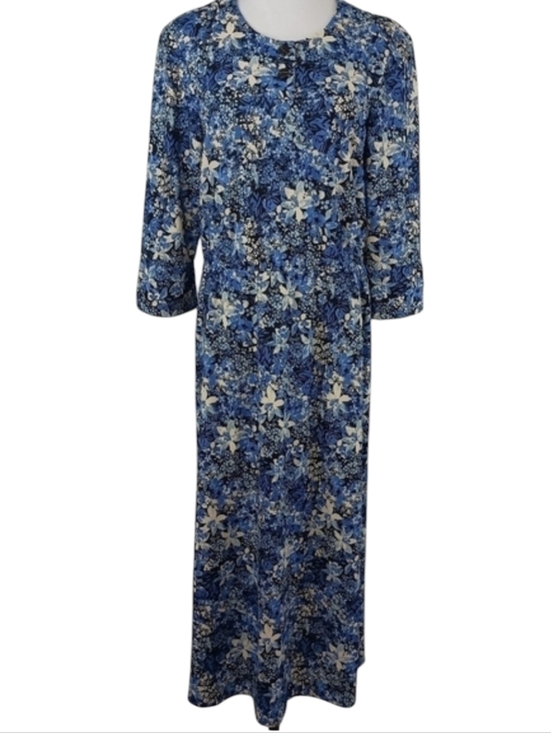 Vintage Dresses & Skirts - Vintage 80s Homemade Women's Blue Floral Blouson Long Maxi Dress Bloomcore Retro